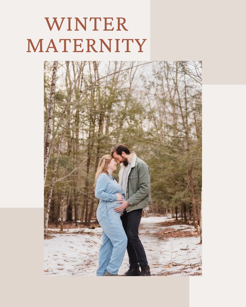 a wintery photo of a man and woman leaning into each other while holding the woman's pregnant belly