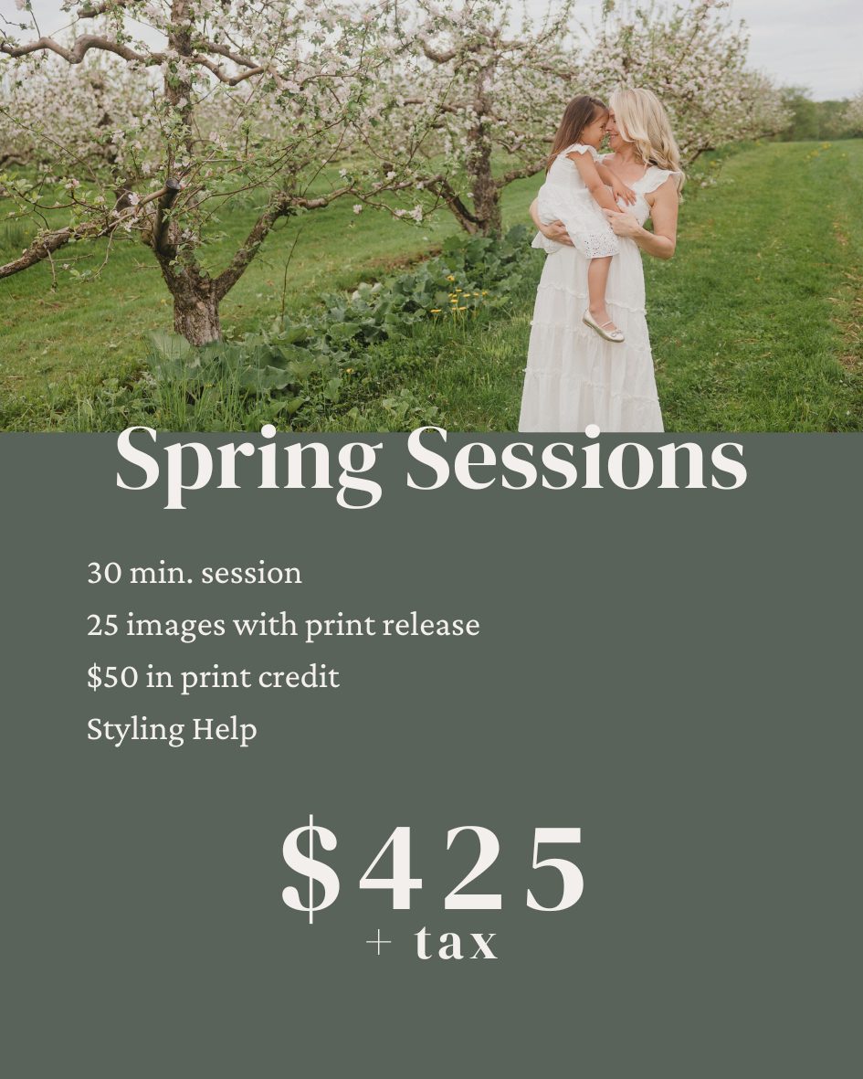 infographic with pricing for a spring mini session with Mia Moran Photography