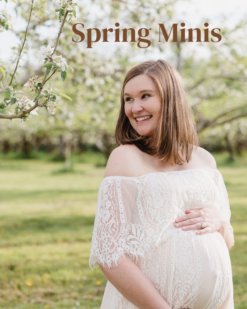 graphic showing a pregnant mom with apple trees in full bloom behind her