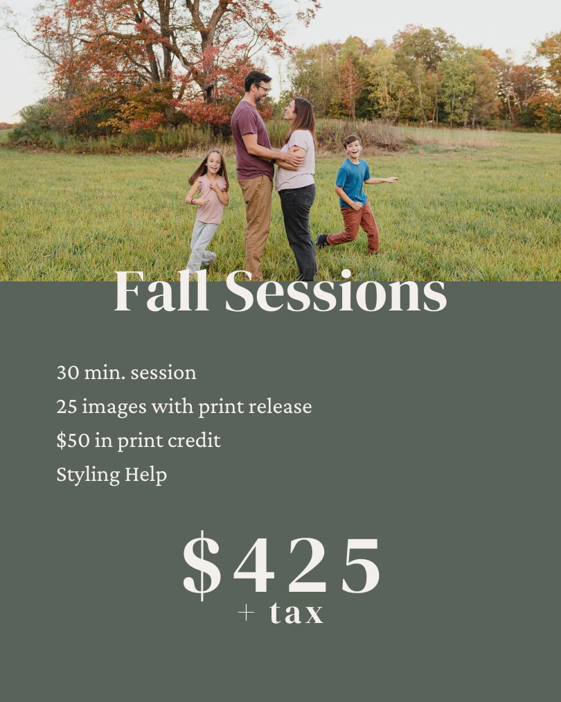 graphic of fall mini session pricing by Mia Moran Photography